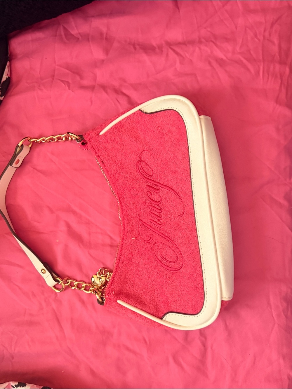 Juicy Couture Hot Pink and White Shoulder Bag with Gold Chain